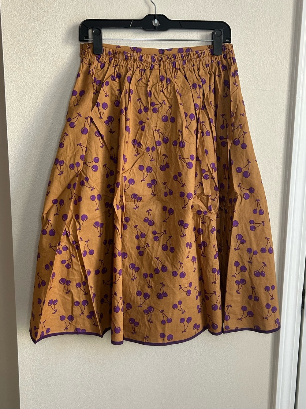 NWT Tulip B Brown Camel Purple Cherries Full Cherry Skirt Elastic Waist Lined L - Picture 4 of 7